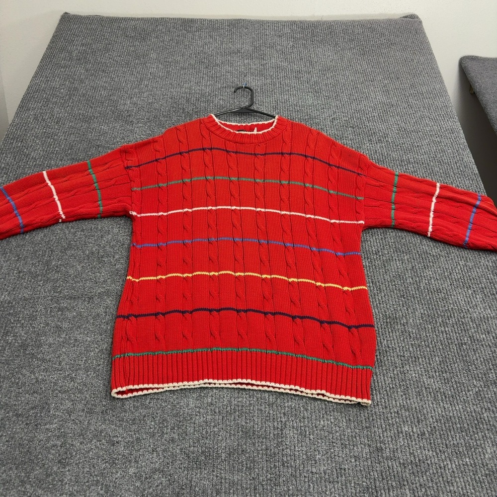 Vintage Boston Clipper Sweater Mens L Red Cotton Striped Cable Knit Crewneck